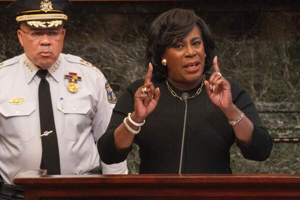 Philadelphia Mayor Cherelle L. Parker speaks at a press conference about a mass shooting that erupted at Fairmount Park on Memorial Day, in Philadelphia, May 27, 2025. (Jessica Griffin/The Philadelphia Inquirer via AP)