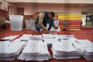 FILE- An election commission staff separates ballot papers to count a day after the general election in Kathmandu, Nepal, Nov. 21, 2022. Nepal's main ruling party was leading in last week's parliament elections as most of the votes were counted by Monday. (AP Photo/Niranjan Shrestha, File)