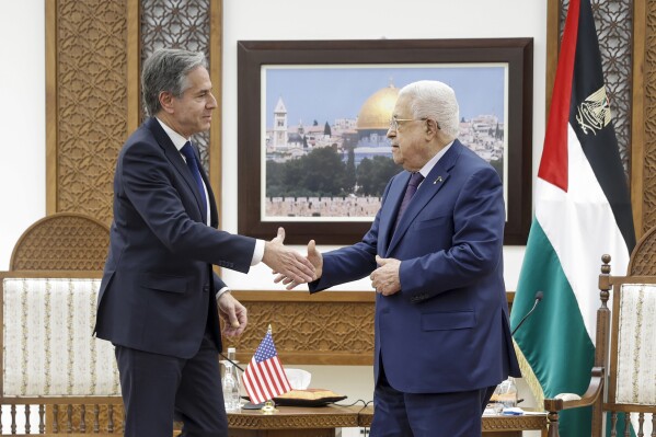 U.S. Secretary of State Antony Blinken meets with Palestinian President Mahmoud Abbas amid the ongoing conflict between Israel and the Palestinian Islamist group Hamas, at the Muqata in Ramallah in the Israeli-occupied West Bank, Sunday, Nov. 5, 2023. (Jonathan Ernst/Pool photo via AP)