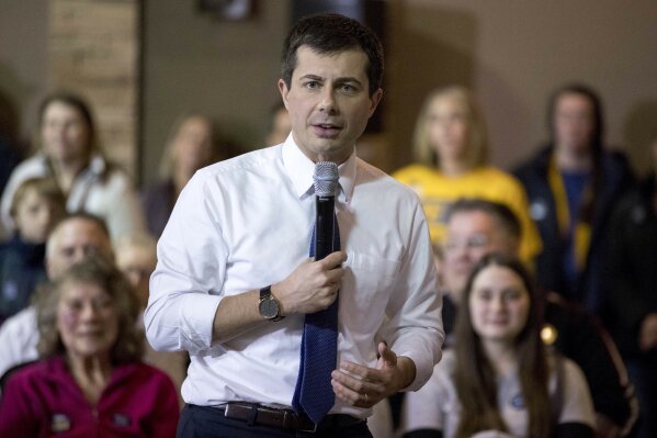Democratic presidential candidate former South Bend, Ind., Mayor Pete speaks at a campaign stop at the Carrollton Inn, Saturday, Jan. 25, 2020, in Carroll, Iowa. (AP Photo/Andrew Harnik)