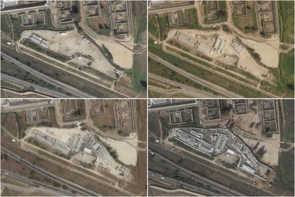 Esta combinación de fotos satelitales tomadas por Planet Labs PBC muestra el campamento de Ofer en Cisjordania, de arriba a la izquierda, en enero de 2024, marzo de 2024, abajo a la izquierda, mayo de 2024 y enero de 2025. (Planet Labs PBC vía AP)