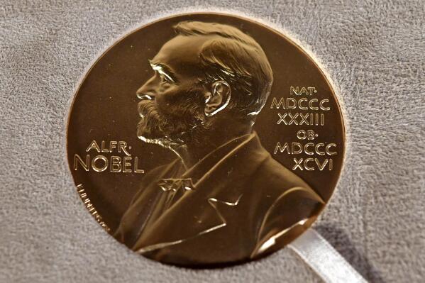 FILE - A Nobel medal is displayed during a ceremony in New York, Tuesday Dec. 8, 2020. The Norwegian Nobel Committee said Wednesday, Feb. 22, 2023, that 305 candidates — 212 individuals and 93 organizations — were nominated for the 2023 Nobel Peace Prize by the Feb. 1 deadline. (Angela Weiss/Pool Photo via AP, File)