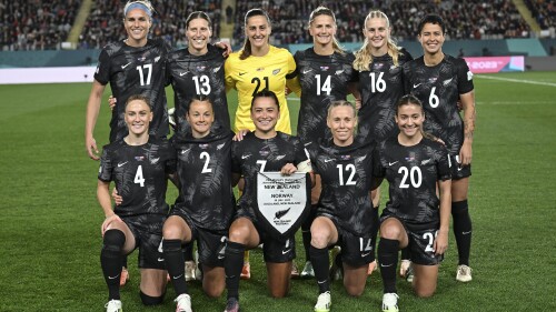 New Zealand players pose for a group photo before the Women's World Cup soccer match between New Zealand and Norway in Auckland, New Zealand, Thursday, July 20, 2023. (AP Photo/Andrew Cornaga)