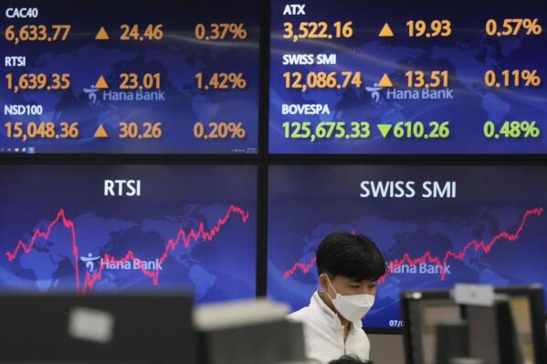 A currency trader watches monitors at the foreign exchange dealing room of the KEB Hana Bank headquarters in Seoul, South Korea, Friday, July 30, 2021. Asian shares were mostly lower Friday after stocks pushed broadly higher on Wall Street following the release of data showing the U.S. economy expanded at a 6.5% annual pace in April-June. (AP Photo/Ahn Young-joon)