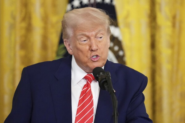 President Donald Trump speaks at an event for Military Mothers, Thursday, May 8, 2025, in the East Room of the White House in Washington. (AP Photo/Jacquelyn Martin)