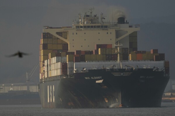 A container ship departs from the port of Santos in Brazil, Tuesday, April 1, 2025. (AP Photo/Andre Penner)