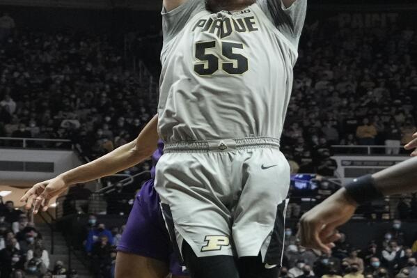Purdue guard Sasha Stefanovic (55) pulls down a rebound in front of Northwestern guard Chase Audige (1) in the first half of an NCAA college basketball game in West Lafayette, Ind., Sunday, Jan. 23, 2022. (AP Photo/AJ Mast)