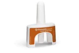 This photo provided by Hikma Pharmaceuticals shows Kloxxado. U.S. regulators on Friday, April 30, 2021 approved the first high-dose nasal spray for reversing opioid overdoses. The Food and Drug Administration approved Hikma Pharmaceuticals’ Kloxxado, a spray containing 8 milligrams of naloxone — double the highest dose currently available. (Hikma Pharmaceuticals via AP)