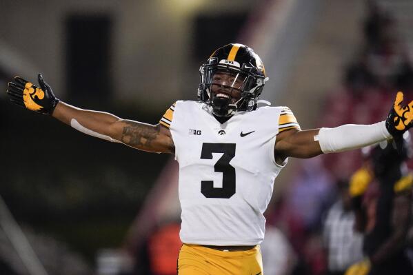 Iowa wide receiver Tyrone Tracy Jr. reacts after scoring a touchdown against Maryland during the second half of an NCAA college football game, Friday, Oct. 1, 2021, in College Park, Md. (AP Photo/Julio Cortez)