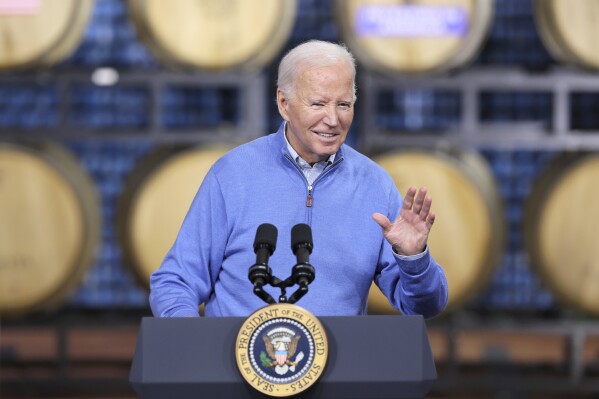 President Joe Biden speaks at Earth Rider Brewery, Thursday, Jan. 25, 2024, in Superior, Wis. (AP Photo/Adam Bettcher)
