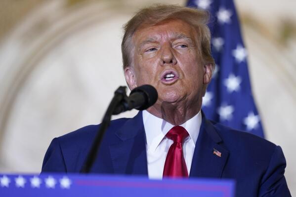 FILE - Former President Donald Trump speaks at his Mar-a-Lago estate Tuesday, April 4, 2023, in Palm Beach, Fla., after being arraigned earlier in the day in New York City. Donald Trump's town hall forum on CNN on Wednesday, May 10, 2023, is the first major TV event of the 2024 presidential campaign, and a big test for the chosen moderator, Kaitlan Collins. The former White House correspondent and now-morning show host must juggle questions from an audience of Republican primary voters, her own follow-ups and the need to fact-check false statements. (AP Photo/Evan Vucci, File)
