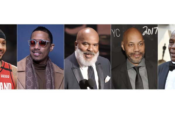 This combination photo shows, from left, Carmelo Anthony, Nick Cannon, David Alan Grier, John Ridley and Danny Glover who will be featured on "Soul of a Nation," an ABC newsmagazine focused on Black life in America. (AP Photo)