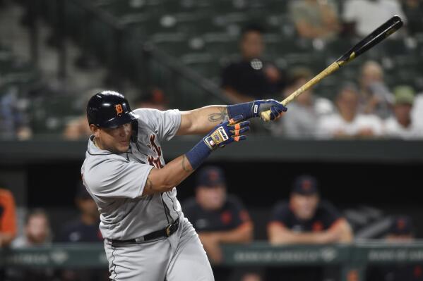 Detroit Tigers' Miguel Cabrera follows through on a single against the Baltimore Orioles in the third inning of a baseball game, Tuesday, Aug. 10, 2021 in Baltimore. (AP Photo/Gail Burton)