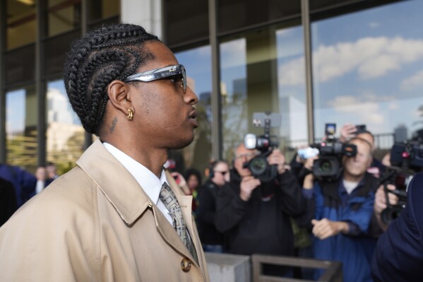 Rapper A$AP Rocky arrives at the Clara Shortridge Foltz Criminal Justice Center in Los Angeles, Wednesday, Jan. 29, 2025. (AP Photo/Damian Dovarganes)
