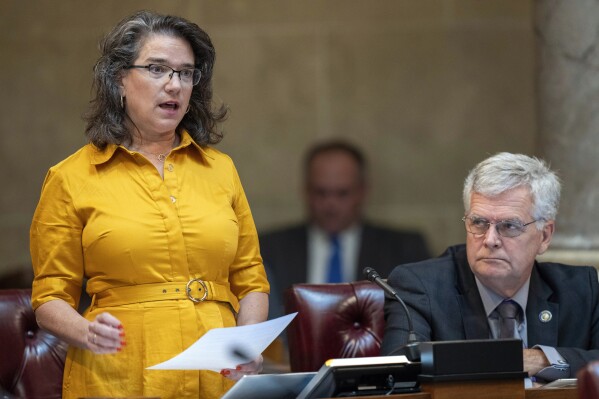 FILE - Senate Democratic Leader Melissa Agard, D-Madison, speaks in the State Senate, Thursday, Sept. 14, 2023 at the Capitol in Madison, Wis. At right is Jeff Smith, D-Brunswick. Agard, the state Senate's top Democrat, announced Thursday, Nov. 30, 2023, that she's going to leave the body to run for local office in 2024. Agard of Madison said she will run to replace retiring Dane County Executive Joe Parisi. (Mark Hoffman/Milwaukee Journal-Sentinel via AP, File)