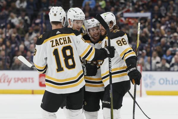 Boston Bruins' Matt Grzelcyk, second from right, celebrates with teammates after his goal against the Columbus Blue Jackets during the first period of an NHL hockey game Friday, Oct. 28, 2022, in Columbus, Ohio. (AP Photo/Jay LaPrete)