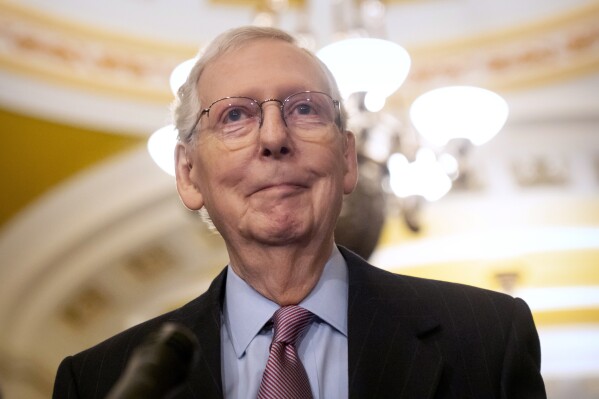 FILE - Senate Minority Leader Mitch McConnell of Ky., speaks during a press availability on Capitol Hill, Feb. 27, 2024, in Washington. McConnell has endorsed Donald Trump for president. McConnell announced his decision after Super Tuesday wins pushed Trump, who is the GOP front-runner, closer to the party nomination. It’s a remarkable turnaround for McConnell, who has blamed Trump for “disgraceful” acts in the Jan. 6, 2021, attack on the Capitol. (AP Photo/Mark Schiefelbein, File)