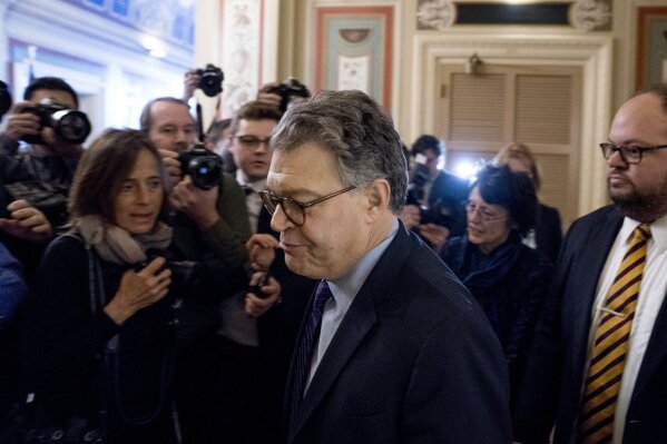 
              Sen. Al Franken, D-Minn., arrives on Capitol Hill in Washington, Thursday morning, Dec. 7, 2017. Franken said he will resign from the Senate in coming weeks following a wave of sexual misconduct allegations and a collapse of support from his Democratic colleagues, a swift political fall for a once-rising Democratic star. (AP Photo/Andrew Harnik)
            