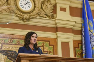 South Dakota Gov. Kristi Noem delivers the annual State of the State address in the House Chamber at the state Capitol, Tuesday, Jan. 14, 2020, in Pierre, S.D. (Erin Bormett/The Argus Leader via AP)
