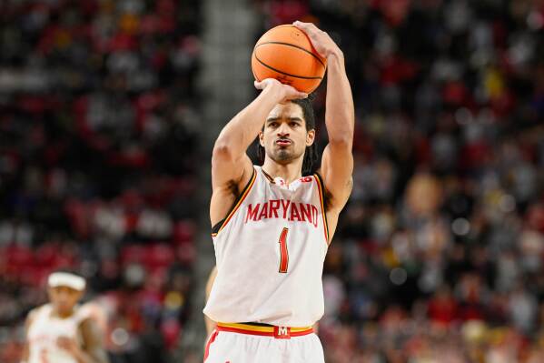 Maryland guard Rodney Rice (1) shoots a free throw during the second half of an NCAA college basketball game against Southern California, Thursday, Feb. 20, 2025, in College Park, Md. (AP Photo/Nick Wass, File)