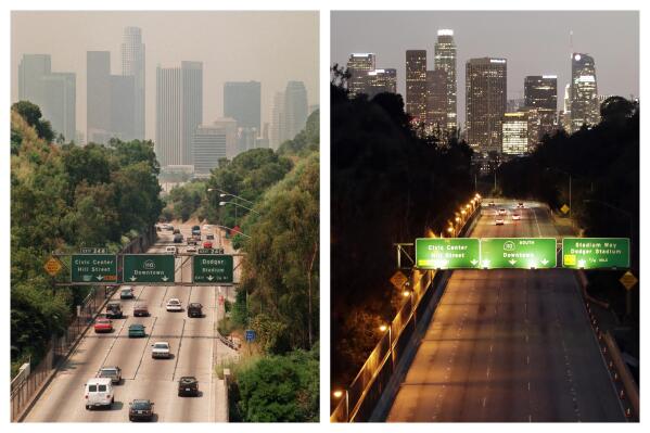 This combination of July 1998 and April 2020 photos shows a difference in smog levels above the Los Angeles skyline, with California Highway 110 in the foreground. With climate change, plastic pollution and a potential sixth mass extinction, humanity has made some incredible messes in the world. But when people, political factions and nations have pulled together, they have also cleaned up some of those human-caused environmental problems. (AP Photo/Nick Ut, Marcio Jose Sanchez)