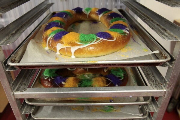 FILE - Mardi Gras King Cakes by pastry chef Jean-Luc Albin at Maurice French Pastries are displayed on Feb. 10, 2011, in Metairie, La. A thief stole seven king cakes 鈥� about as many as he could carry 鈥� during a break-in last week at a New Orleans bakery. The thief also took cash and a case of vodka from Bittersweet Confections last Wednesday, Jan. 24, 2024 according to New Orleans Police Department. (AP Photo/Gerald Herbert, File