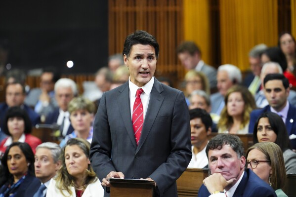 Canada Prime Minister Justin Trudeau delivers a statement in the House of Commons on Parliament Hill in Ottawa, Ontario, on Monday, Sept. 18, 2023. (Sean Kilpatrick/The Canadian Press via AP)