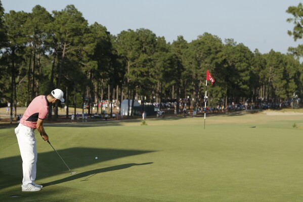 FILE - Martin Kaymer, of Germany, putts on the 13th hole during the third round of the U.S. Open golf tournament in Pinehurst, N.C., Saturday, June 14, 2014. The U.S. Open returns to Pinehurst on June 13-16, 2024. The course is renowned for its sandy dunes and turtleback greens. (AP Photo/Chuck Burton, File)