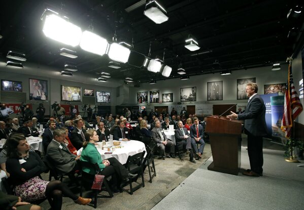 
              Sen. Jeff Flake, R-Ariz., speaks at the eggs & politics breakfast at the New Hampshire Institute of Politics at Saint Anselm College in Manchester, N.H. Friday, March 16, 2018. (AP Photo/Winslow Townson)
            