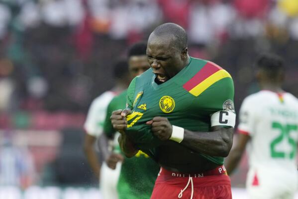 Cameroon's captain Vincent Aboubakar celebrates his second goal of the match, during the African Cup of Nations 2022 group A soccer match between Cameroon and Burkina Faso at the Olembe stadium in Yaounde, Cameroon, Sunday, Jan. 9, 2022. (AP Photo/Themba Hadebe)