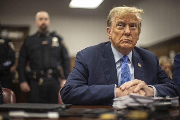 Former President Donald Trump appears at Manhattan criminal court before his trial in New York, Friday, April 26, 2024. (Dave Sanders/The New York Times via AP, Pool)