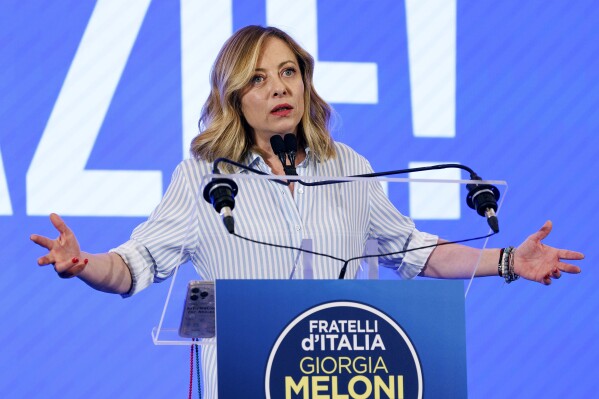 Italian Prime Minister Giorgia Meloni speaks about the results of the European Parliamentary elections at a press conference at the Fratelli d'Italia party electoral committee in Rome, Monday, June 10, 2024. (Roberto Monaldo/LaPresse via AP)