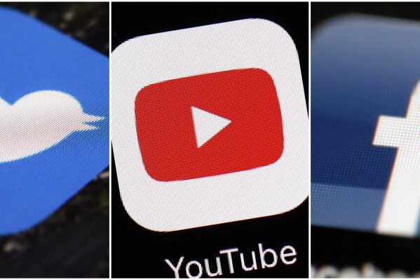 This combination of images shows logos for companies from left, Twitter, YouTube and Facebook. Social media companies are failing to stop manipulated activity, according to a report Friday, Dec. 6, 2019 by NATO-affiliated researchers who said they were easily able to buy tens of thousands of likes, comments and views on Facebook, Twitter, YouTube and Instagram. Most of the phony accounts and the activity they engaged in remained online weeks later, even after researchers at the NATO Strategic Command Centre of Excellence flagged it up as fake.  (AP Photos/File)