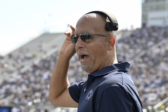Penn State head coach James Franklin reacts during the second half of an NCAA college football game against Delaware, Saturday, Sept. 9, 2023, in State College, Pa. (AP Photo/Barry Reeger)