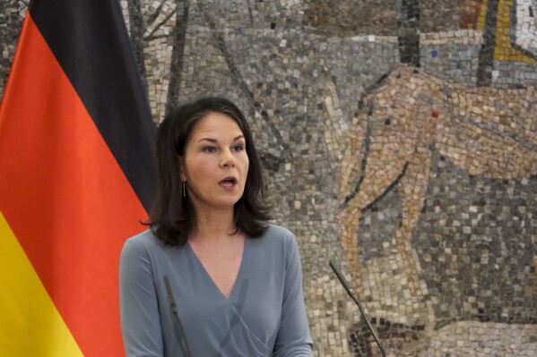 German Foreign Minister Annalena Baerbock speaks during a press conference after talks with Minister of Foreign Affairs of Montenegro, Filip Ivanovic, in Montenegro's capital Podgorica, Monday, March 4, 2024. Baerbock is on a one-day official visit to Montenegro. (AP Photo/Risto Bozovic)