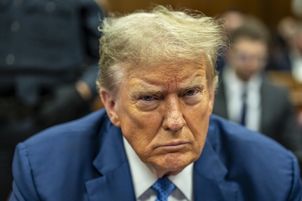 Former President Donald Trump sits in Manhattan Criminal Court during his ongoing hush money trial, Monday, May 20, 2024, in New York. (Mark Peterson/Pool Photo via AP)