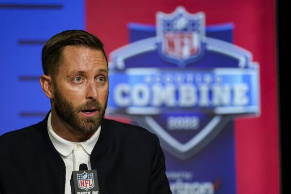 Arizona Cardinals head coach Kliff Kingsbury speaks during a press conference at the NFL football scouting combine in Indianapolis, Tuesday, March 1, 2022. (AP Photo/Michael Conroy)