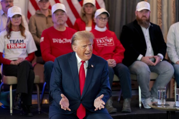 Republican presidential candidate former President Donald Trump participates in a virtual rally at Hotel Fort Des Moines in Des Moines, Iowa, Saturday, Jan. 13, 2024. (AP Photo/Andrew Harnik)