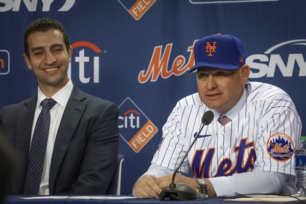 New York Mets new manager Carlos Mendoza speaks during a baseball press conference Tuesday, Nov. 14, 2023, at Citifield in New York. At left is New York Mets president of baseball operations David Stearns (AP Photo/Bebeto Matthews)