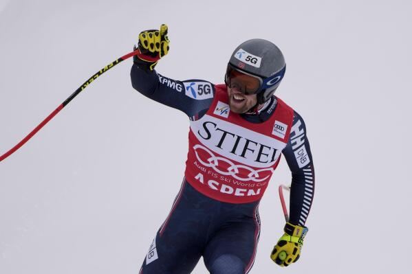 Norway's Aleksander Aamodt Kilde celebrates after finishing his run during a men's World Cup downhill skiing race Saturday, March 4, 2023, in Aspen, Colo. (AP Photo/John Locher)