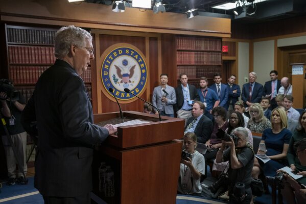 Senate Majority Leader Mitch McConnell, R-Ky., holds a news conference ahead of the Fourth of July break, at the Capitol in Washington, Thursday, June 27, 2019. House Speaker Nancy Pelosi says the House will "reluctantly" pass the Senate version of a border funding package even though it won't include the increased migrant protections Democrats had wanted.  (AP Photo/J. Scott Applewhite)