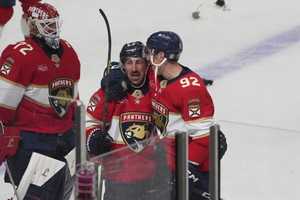 Florida Panthers center Brad Marchand (63) celebrates after scoring the game winning goal during overtime in Game 3 of a second-round NHL hockey playoff series Toronto Maple Leafs, Friday, May 9, 2025, in Sunrise, Fla. (AP Photo/Marta Lavandier)