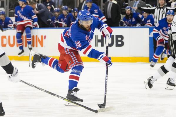 New York Rangers' Vincent Trocheck shoots a goal during the second period of an NHL hockey game against the Los Angeles Kings, Sunday, Feb. 26, 2023, in New York. (AP Photo/Frank Franklin II)