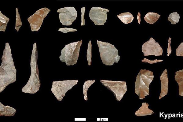 In this undated photo provided by the Greek Culture Ministry, on Thursday, June 1, 2023 shows stone tools dated about 700,000 years ago. The Culture Ministry said that a five-year international project in Megalopolis, southern Greece, has uncovered the oldest-known archaeological site in the country, pushing back the dawn of Greek archaeology by up to 250,000 years. (Greek Culture Ministry via AP)