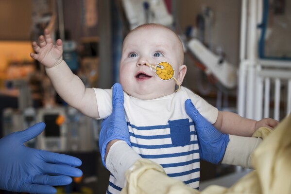 This photo provided by the Children's Hospital of Philadelphia shows KJ Muldoon after a follow up dose of an experimental gene editing treatment at the hospital in April 2025. (Chloe Dawson/Children's Hospital of Philadelphia via AP)