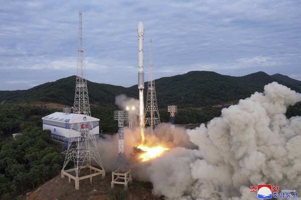 FILE - This photo provided by the North Korean government shows what it says a launch of the newly developed Chollima-1 rocket carrying the Malligyong-1 satellite at the Sohae Satellite Launching Ground on May 31, 2023. Independent journalists were not given access to cover the event depicted in this image distributed by the North Korean government. The content of this image is as provided and cannot be independently verified. Korean language watermark on image as provided by source reads: 