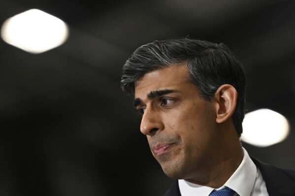 Britain's Prime Minister Rishi Sunak reacts as he speaks during an interview following a visit in the Siemens Mobility factory, in Goole, East Yorkshire, England, Monday, Feb. 26, 2024. (Paul Ellis/Pool Photo via AP)