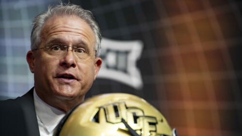 UCF head football coach Gus Malzahn answers questions from reporters at the NCAA college football Big 12 media days in Arlington, Texas, Thursday, July 13, 2023.(AP Photo/Emil T. Lippe)