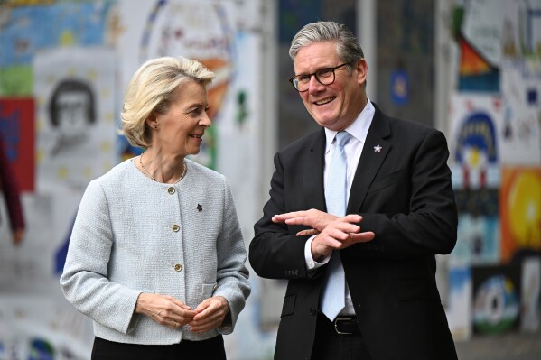 Ursula von der Leyen, President of the European Commission, left, and Keir Starmer, Prime Minister of the United Kingdom greet each other, ahead of their bilateral meeting at the 6th European Political Community summit Friday May 16, 2025 in Tirana, Albania. (Leon Neal/Pool via AP, File)