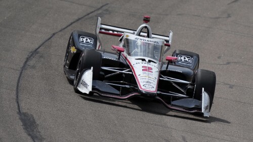 Josef Newgarden drives his car during an IndyCar Series auto race, Saturday, July 22, 2023, at Iowa Speedway in Newton, Iowa. (AP Photo/Charlie Neibergall)